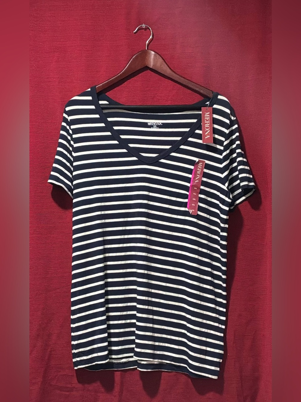 Merona Navy & White Striped V-Neck Tee